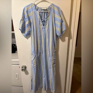 Anthropologie Maeve Puff Sleeve Striped Midi Dress Blue Green Cotton Tie Size S